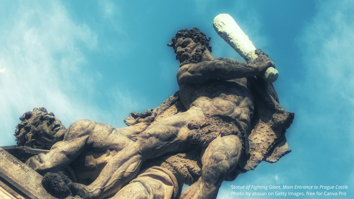 Statue of Fighting Giant, Main Entrance to Prague Castle Photo by atosan on Getty Images, free for Canva Pro